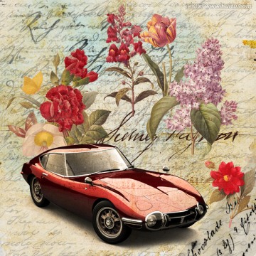 復(fù)古底紋 老爺車(chē)歐式汽車(chē) 花卉