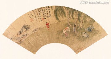 仇英扇面 解馬彎弓圖