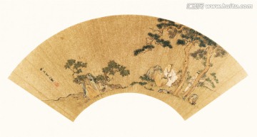 仇英扇面 攜琴聽(tīng)松圖