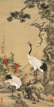 清 沈銓 松梅雙鶴圖 國畫