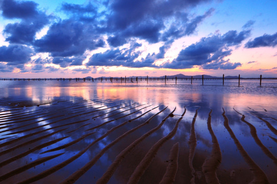 海边落日 夕阳 滩涂倒影 晚霞