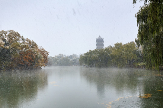 北大校园风光未名湖博雅塔雪景