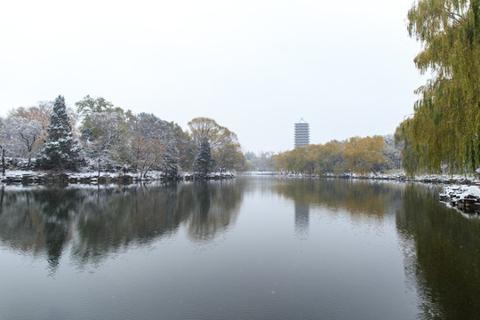 北大校园风光未名湖博雅塔雪景