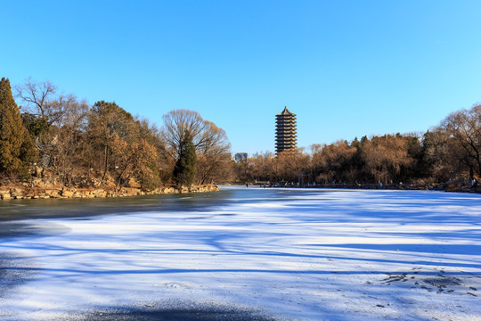 北京大学未名湖冬天结冰博雅塔