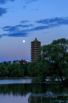 北大校园未名湖博雅塔夜景月亮