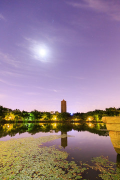 北大校园未名湖博雅塔夜景月亮