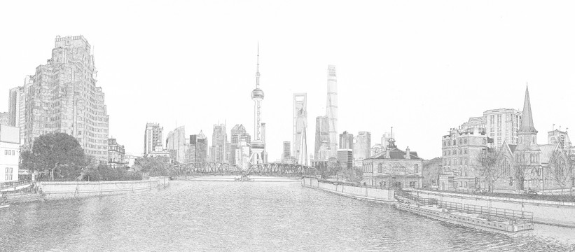 上海外灘全景線描