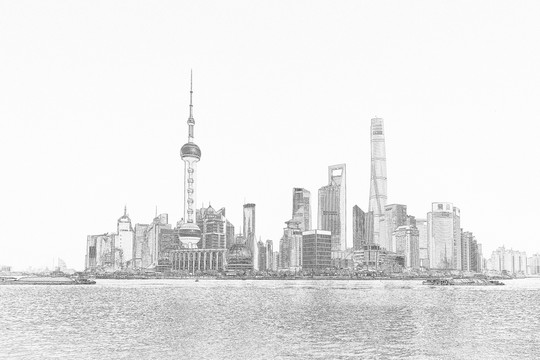 上海风光全景线描   合层