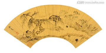明 周之冕 桃花鴛鴦圖扇面