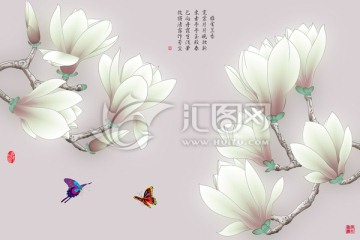 手绘玉兰花壁画电视背景墙