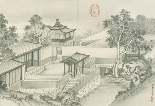 山水樓閣圖 清代 謝遂