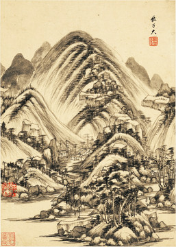 中式水墨山水古畫 明代 王鑒