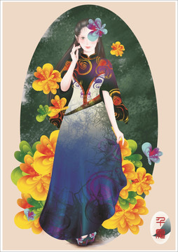 典雅夢幻長發(fā)美女插畫小說封面