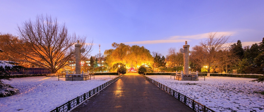 北京大学西校门华表雪景夜景