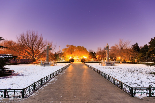 北京大学西校门华表雪景夜景