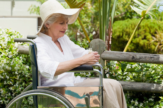 在花园里坐着轮椅的女人