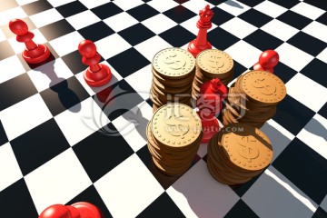 被美元金幣包圍的棋子