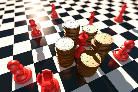 被英鎊金幣包圍的棋子