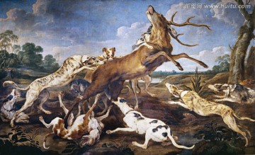 猎犬狩猎 动物油画