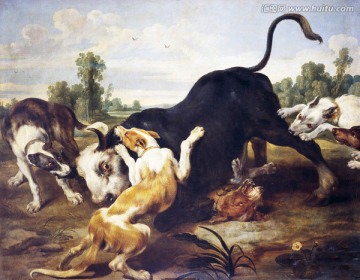 獵犬狩獵 動物油畫