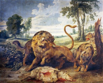 獅子狼動物油畫