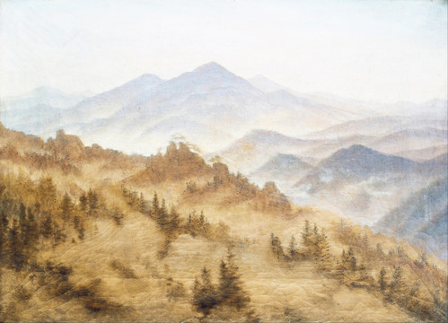 风景油画 浓雾山脉
