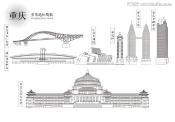 重慶地標(biāo)線描矢量圖