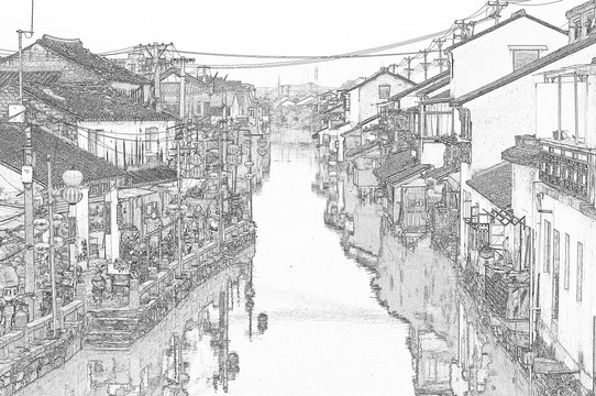 江南古鎮(zhèn)線描