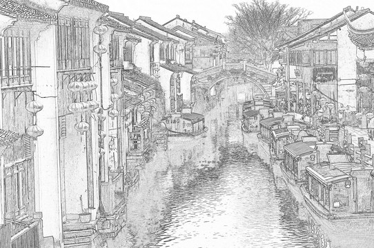 江南古鎮(zhèn)線描