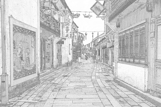 江南古鎮(zhèn)線描