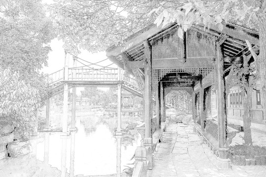 四川古鎮(zhèn)線描