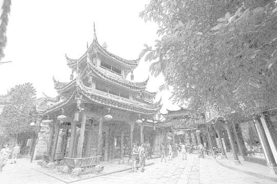 四川古鎮(zhèn)線描