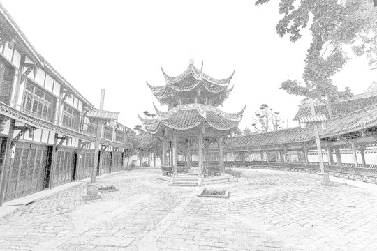 四川古鎮(zhèn)線描