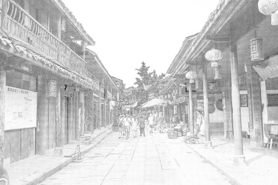 四川古鎮(zhèn)線描