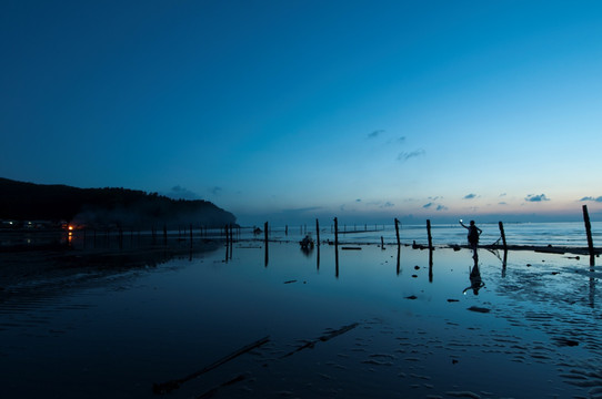 滩涂夕阳 海水养殖 宁静海边