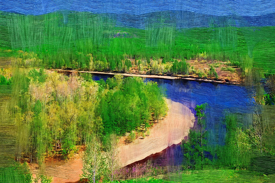 电脑油画 森林河湾