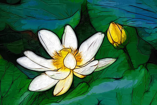 荷花油畫