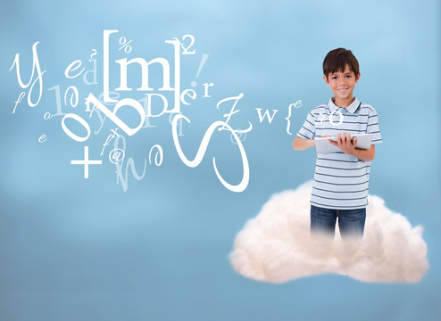 小男孩的平板和云计算相连接