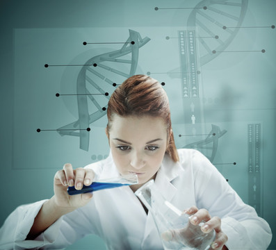 科学家在DNA分析图前做实验