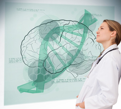 医生观察DNA和大脑显示界面