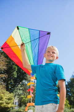 男孩在公园里玩着风筝