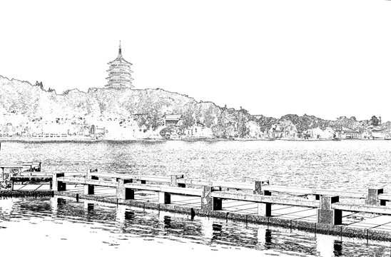 西湖風(fēng)光線描 未分層