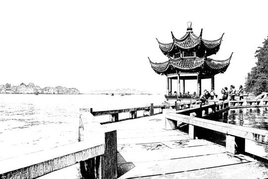 西湖風(fēng)光線描 未分層