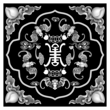 蝙蝠壽字桃子砂巖石雕磚雕灰度圖