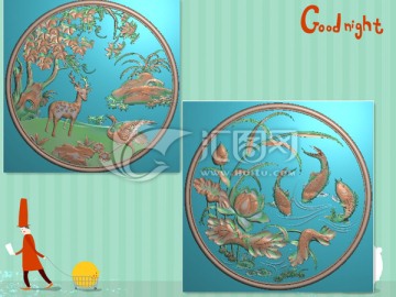 荷花鯉魚(yú)松鶴鹿圓盤(pán)掛件精雕圖