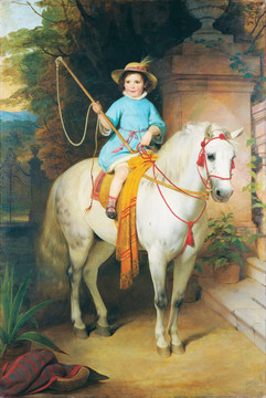 骑马的小孩儿童人物油画