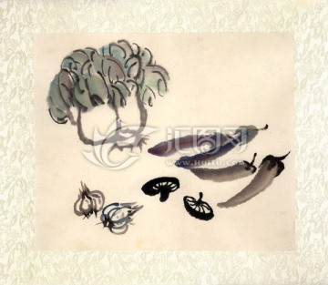 大蒜 蘑菇 白菜 辣椒 水墨畫(huà)