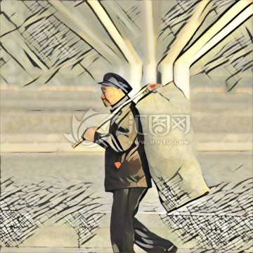 無(wú)框畫(huà) 扛著蛇皮口袋的老人