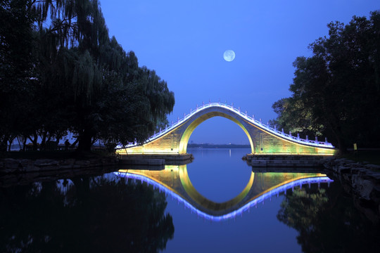 颐和园玉带桥中秋夜景