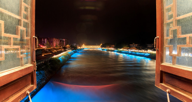 都江堰岷江南桥夜景夜啤酒长廊